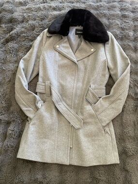Express Light Gray Wool Trench Coat with Black Faux Fur Collar